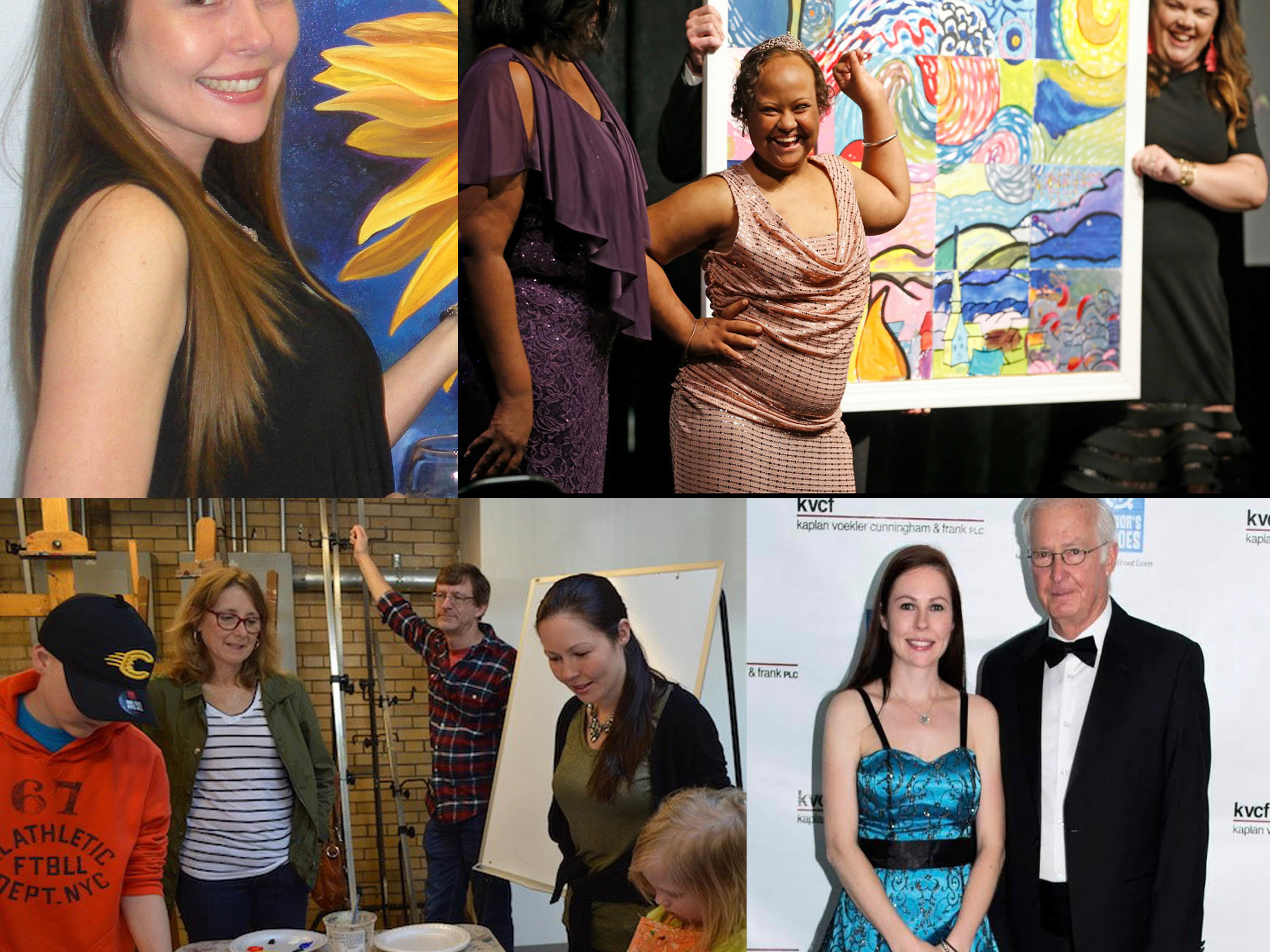 Four pictures of Nancy in the studio and at the Heroes Art Ball