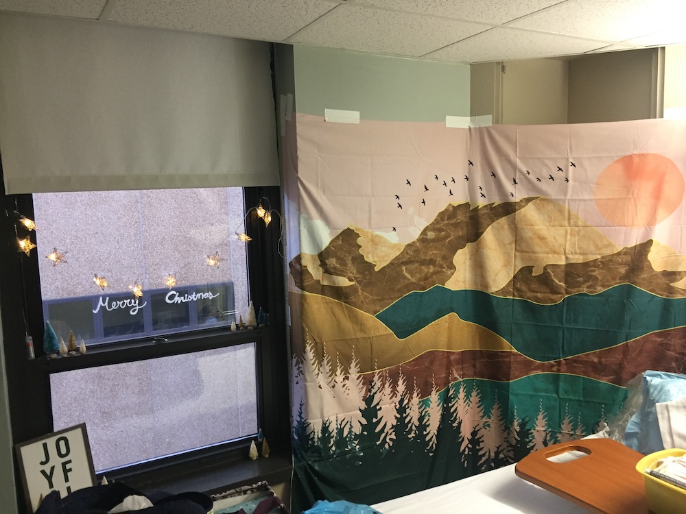 Wall hanging of a mountain scene taped to the wall of the hospital
