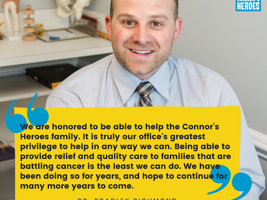 a man sitting in a medical office text we are honored to be able to hep Connor's Heroes family