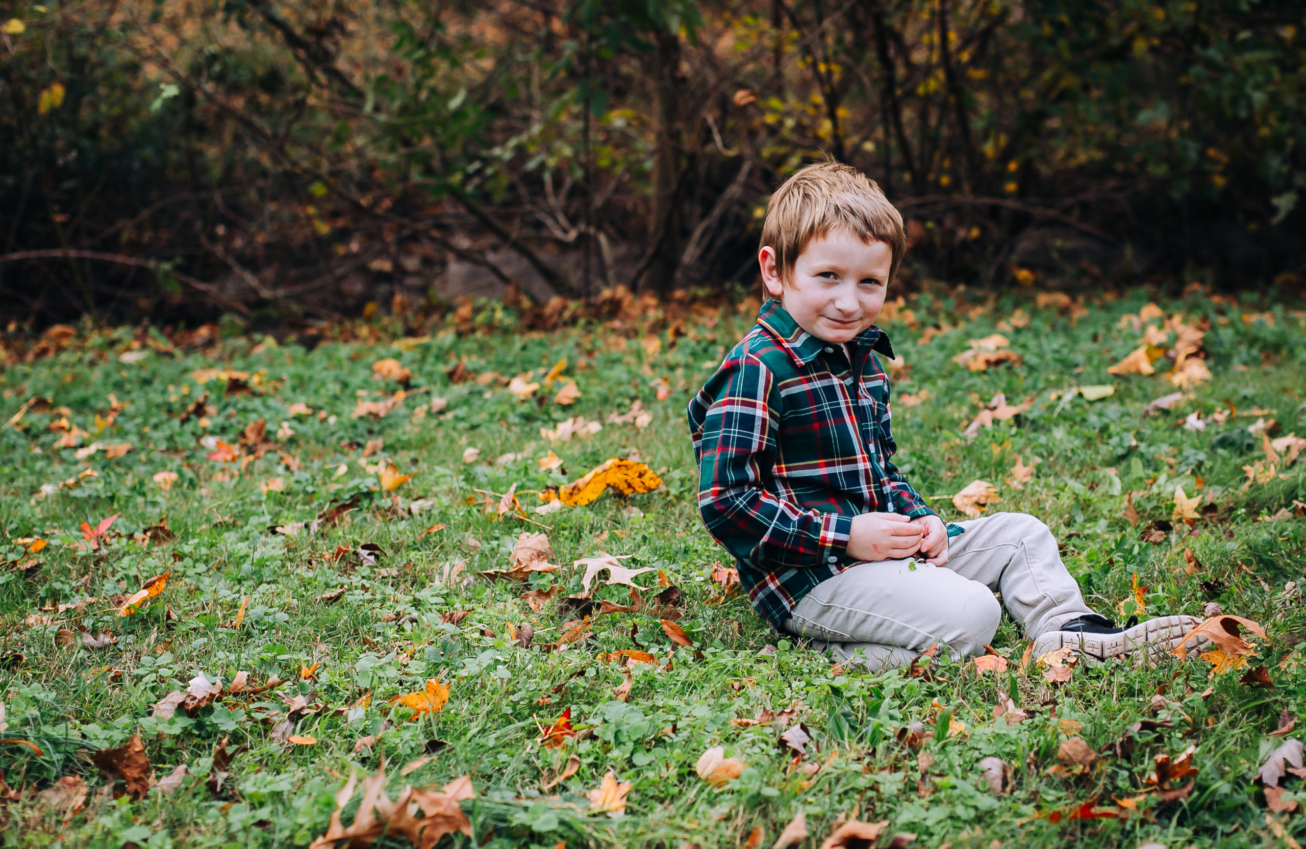 A boy sitting on the grass with fall leaves