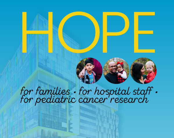 image of three children with a building in the background text Hope for families for hospital staff for pediatric cancer research link to donate