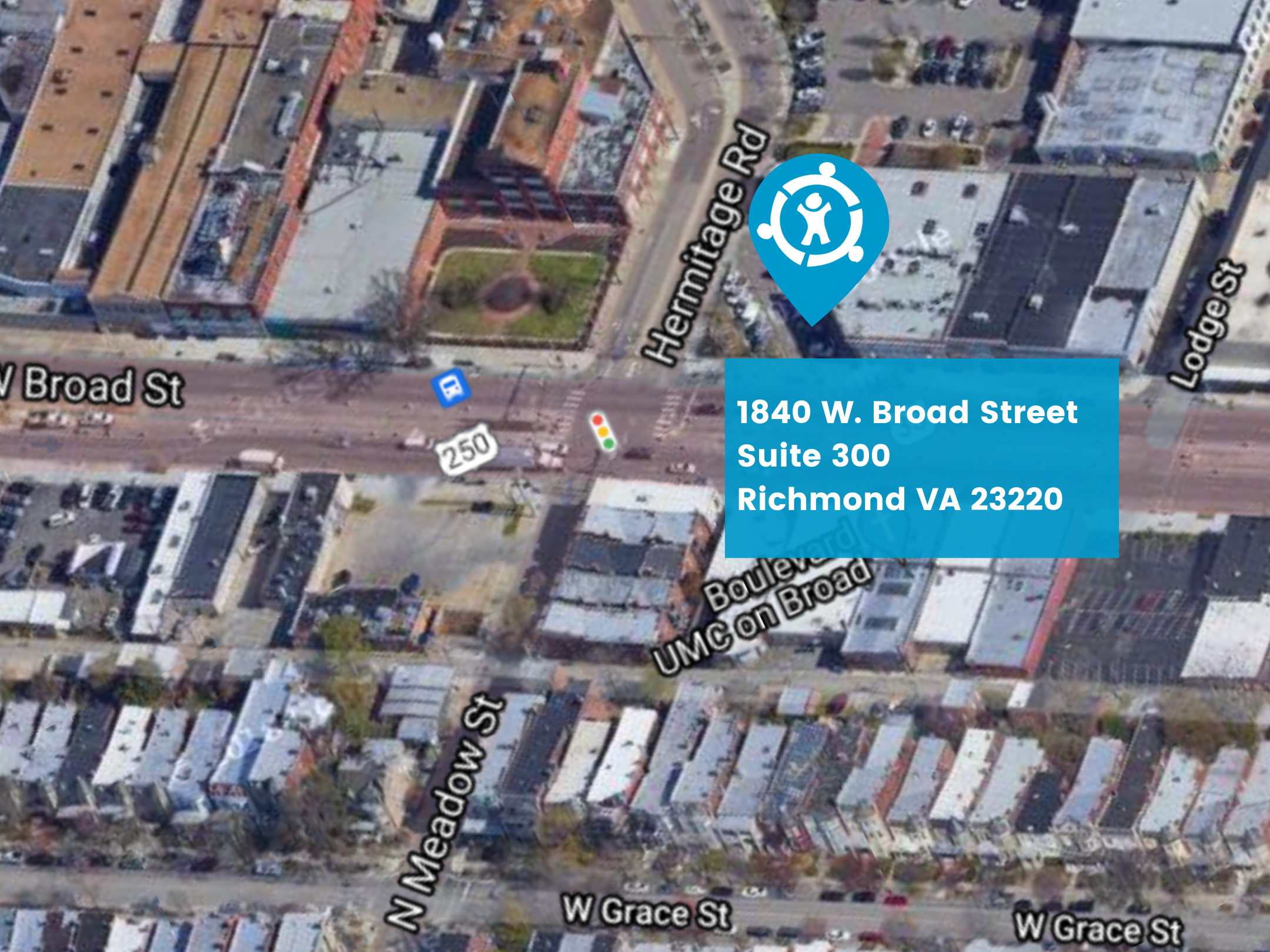 Image map of a street in Richmond Virginia text 1840 West Broad Street Suite 300 Richmond Virginia 23220