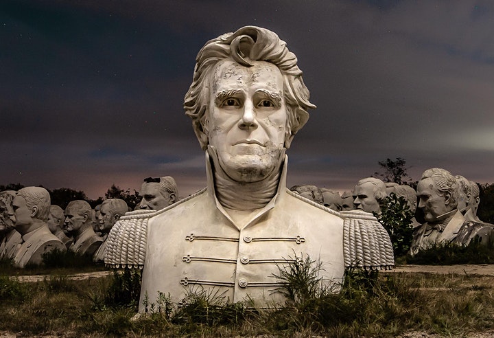 Image bust of the U.S. President Andrew Jackson sitting outside in a field