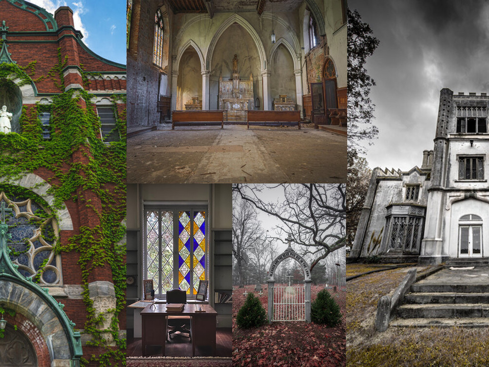 collage of four images of an abandoned church