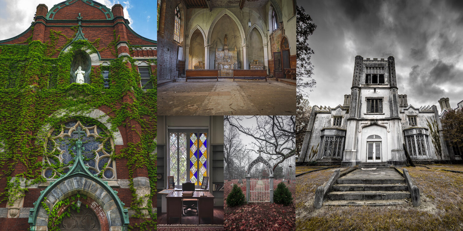 collage of four images of an abandoned church