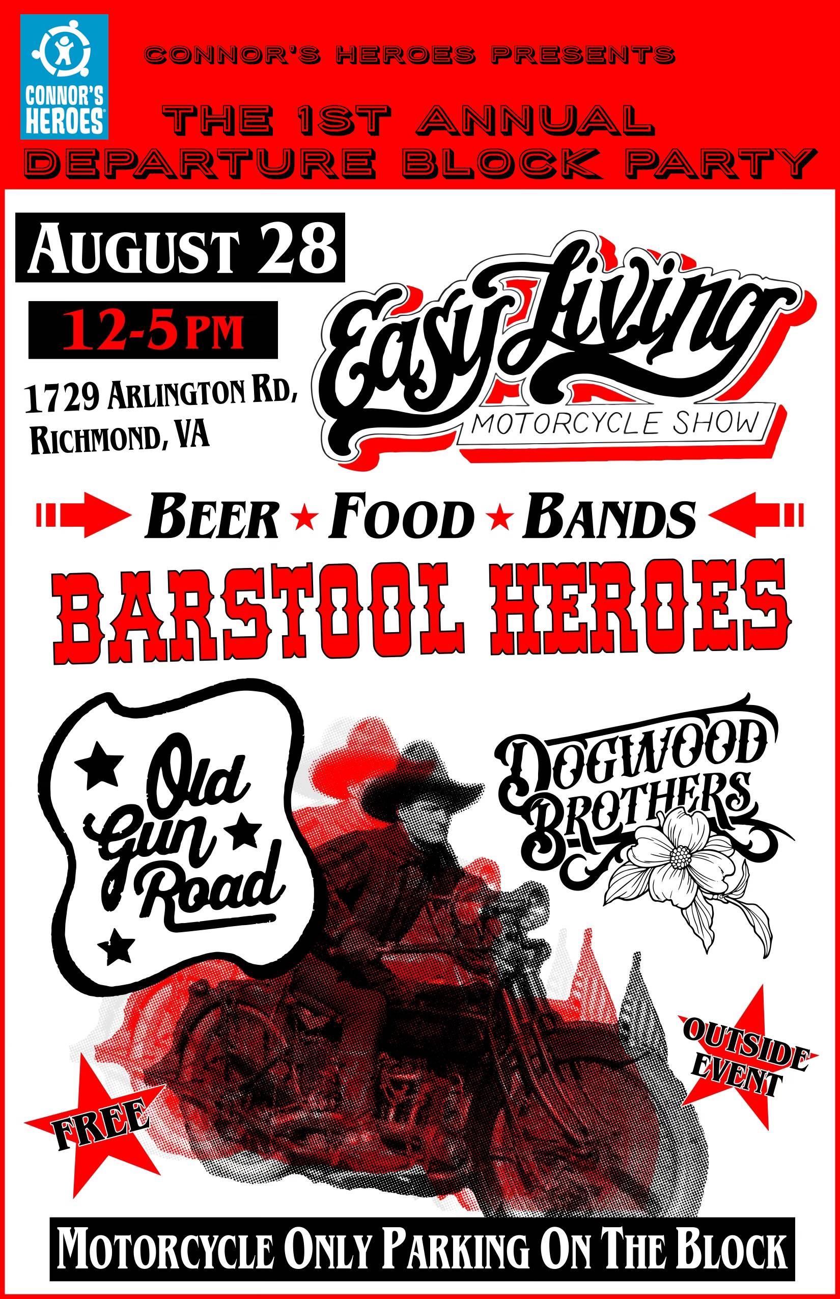 Poster for a motorcycle show Image of a cowboy on a motorcycle Text The first annual departure block party August 28 from 1 to 5 p.m.