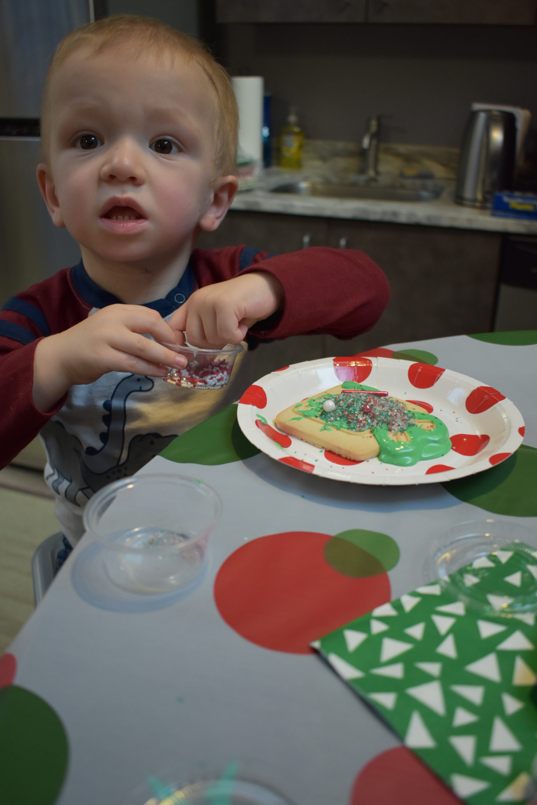 A toddler decorates cookies with sprinkles