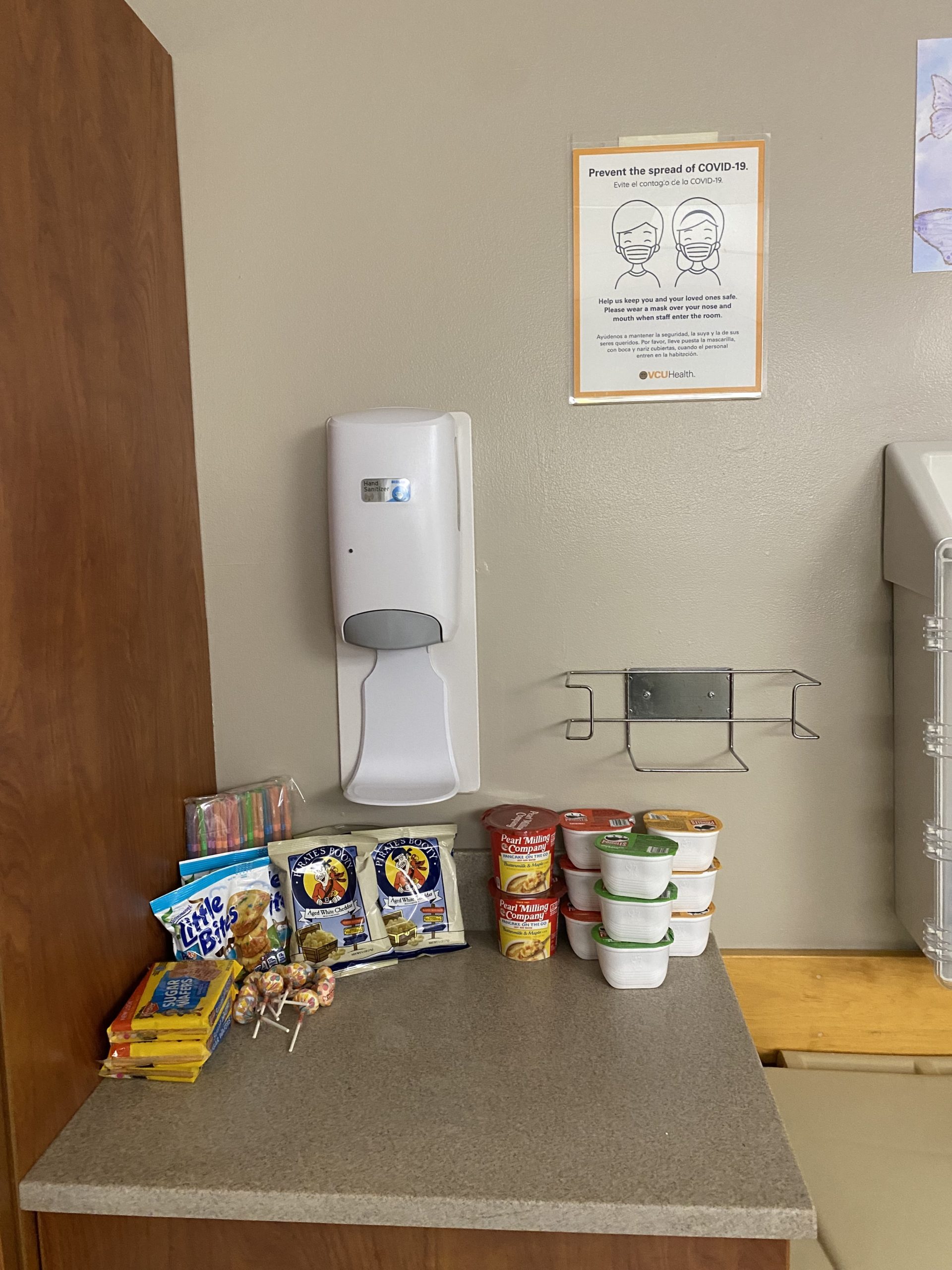 Snacks sitting on top of a cabinet in a hospital