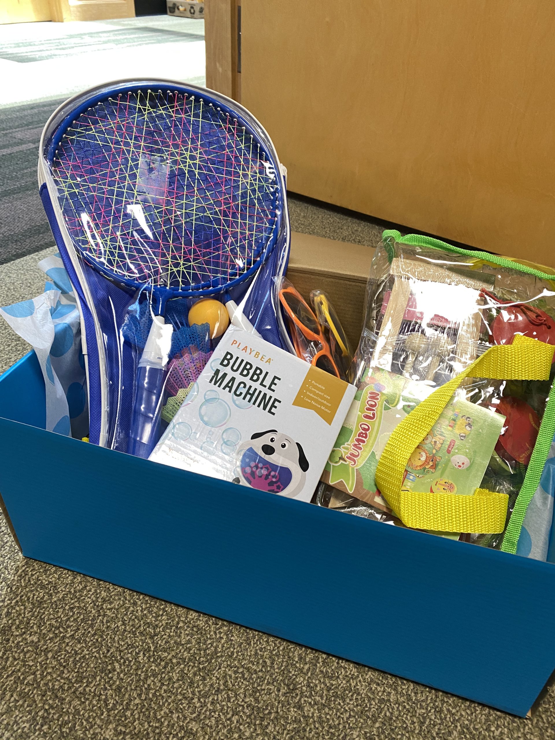Blue box filled with badminton set, bubble machine, musical instruments