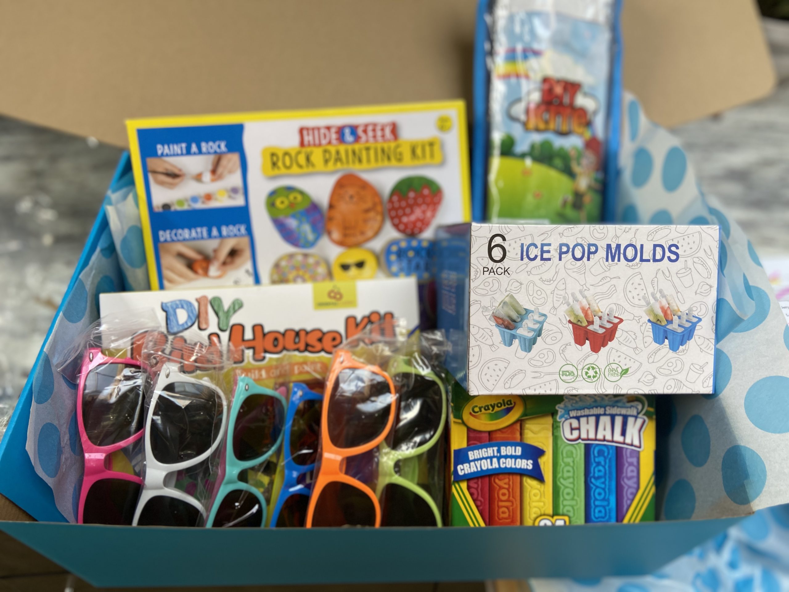 Blue box filled with sunglasses, chalk, ice pop molds, rock painting kit