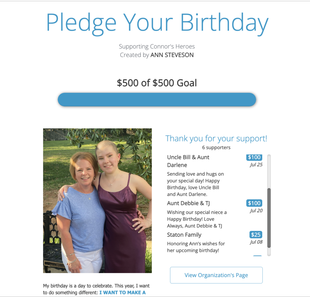 Screen shot of a webpage for Ann's birthday fundraiser she hosted for Connor's Heroes