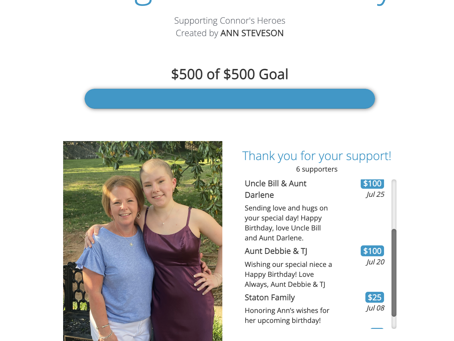 Screen shot of a webpage for Ann's birthday fundraiser she hosted for Connor's Heroes