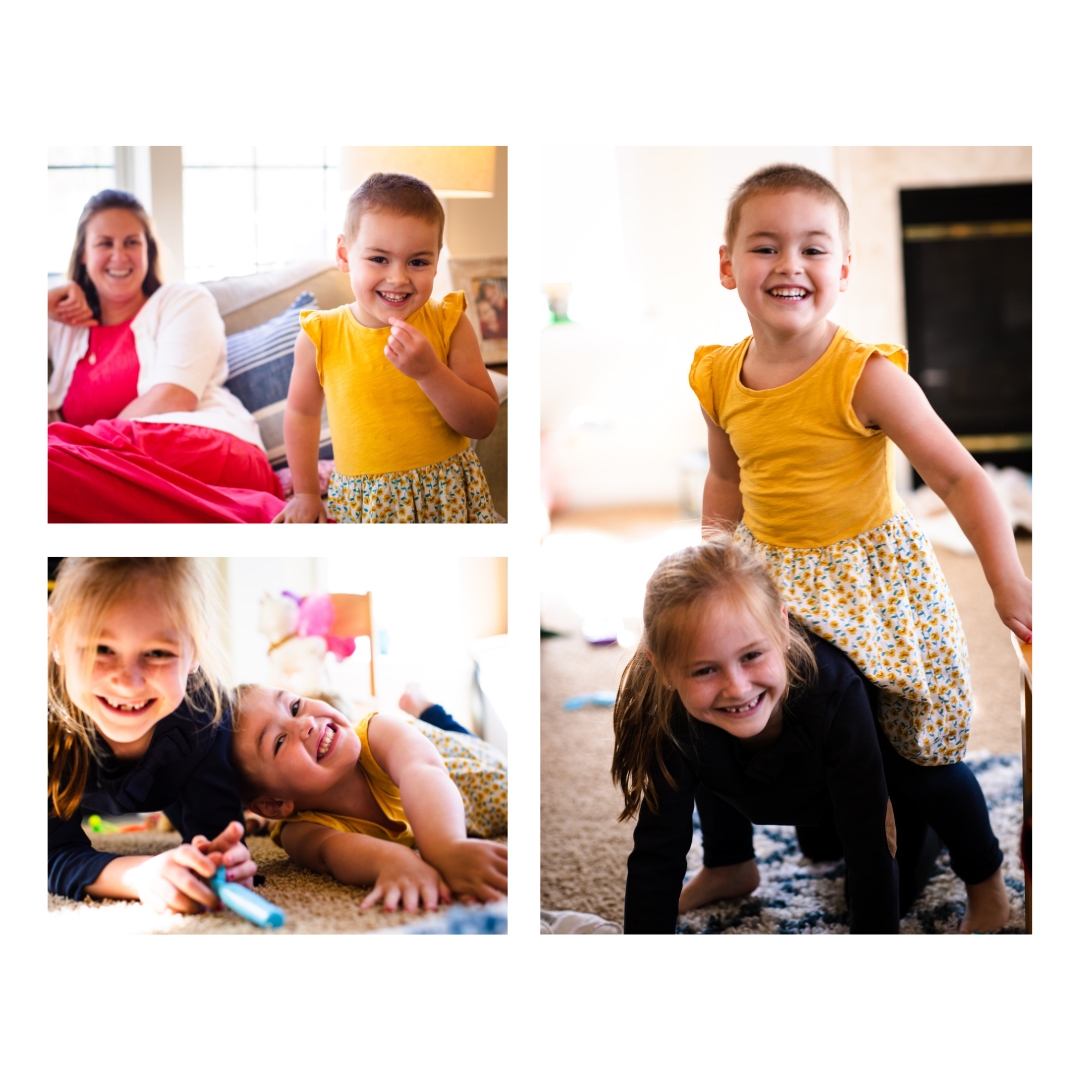 Collage of photos of Kylie playing with her older sister and standing with her mom