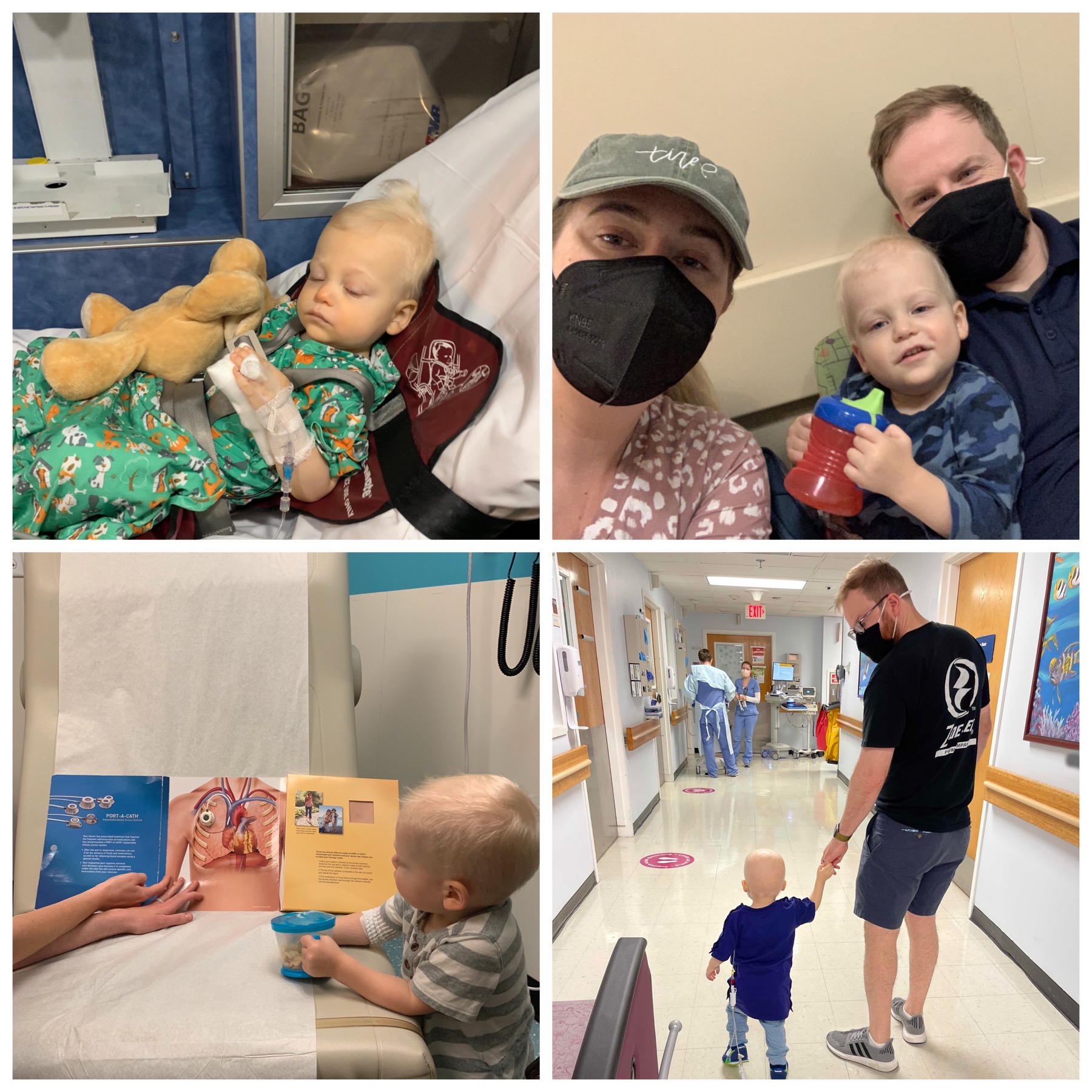 four photos of James in the hospital with his parents