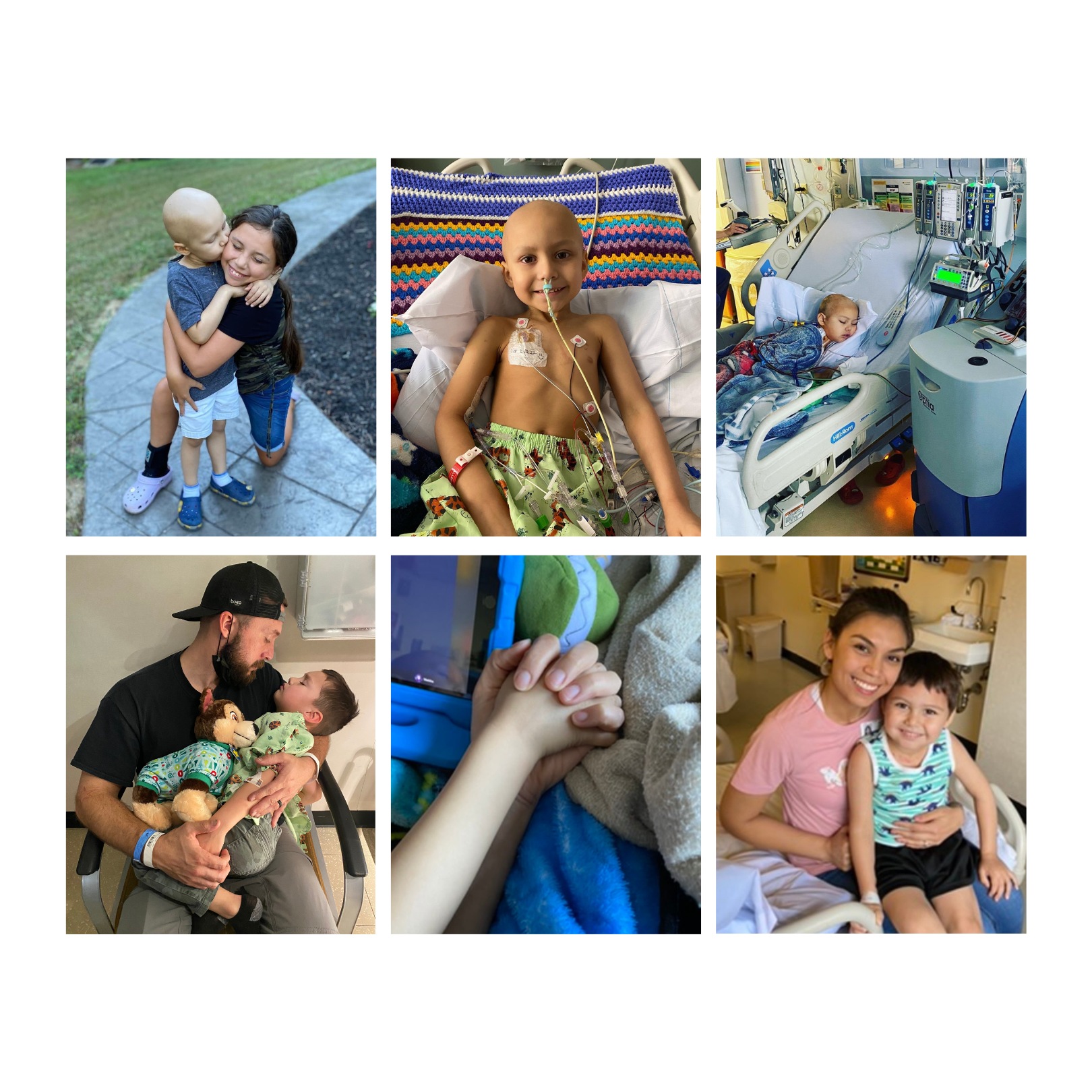collage of photos showing Levi and his family in the hospital during his treatment