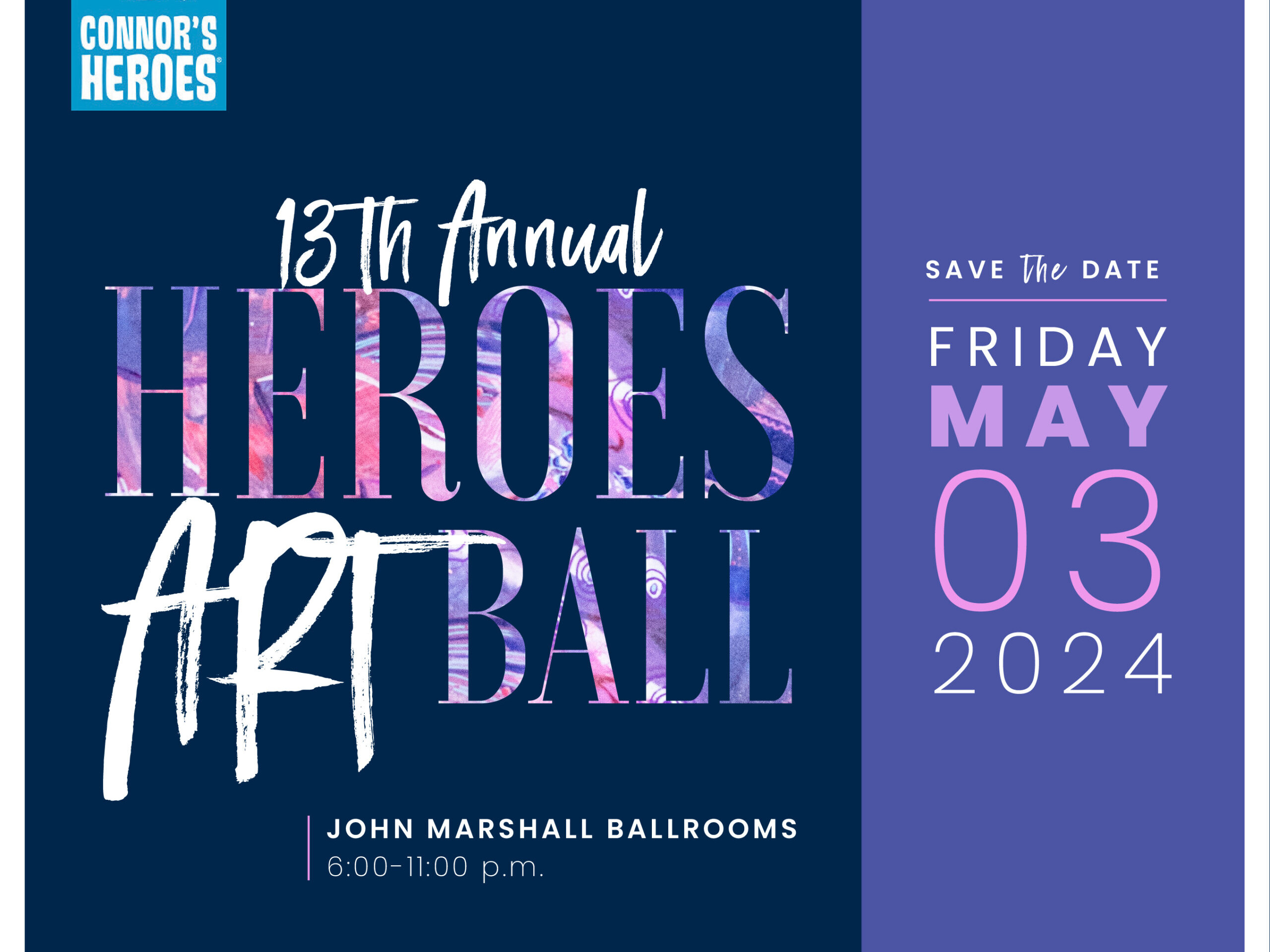 Purple and pink logo for Heroes Art Ball on Friday May 3, 2024