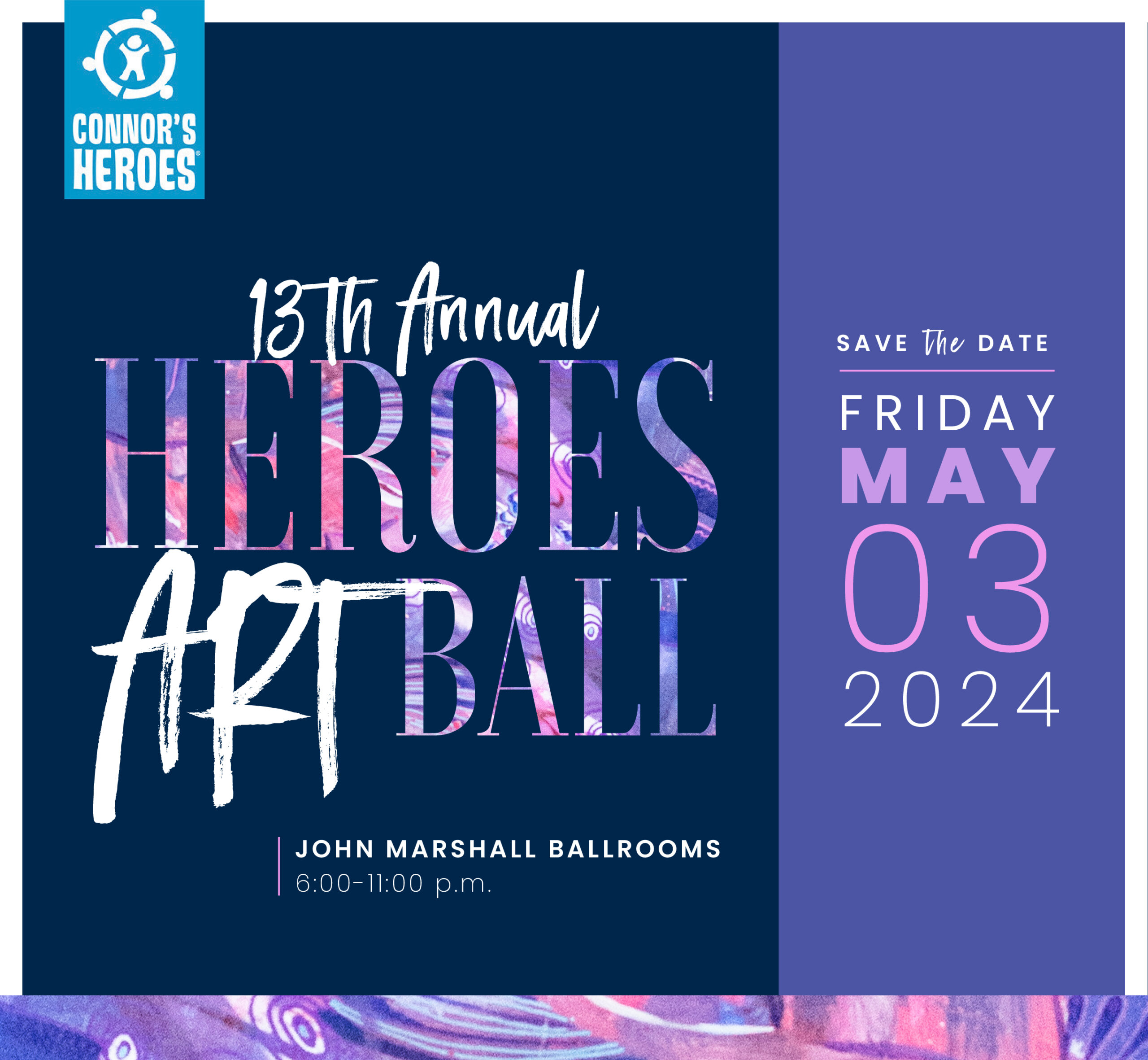 Purple and pink logo for Heroes Art Ball on Friday May 3, 2024