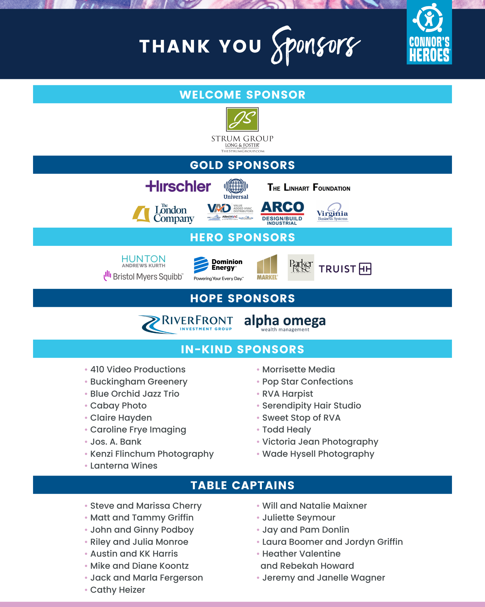 List of sponsor for the Heroes Art Ball