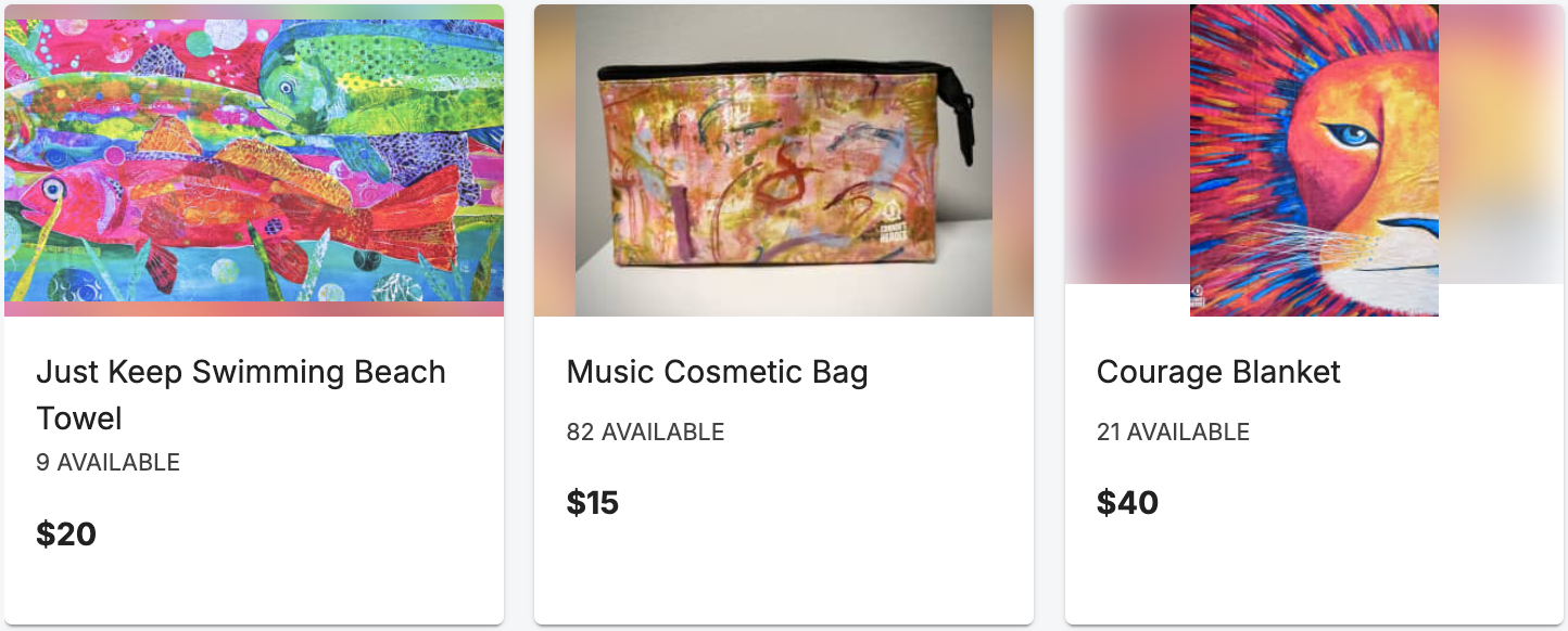 Image of items printed with art painted by childhood cancer heroes